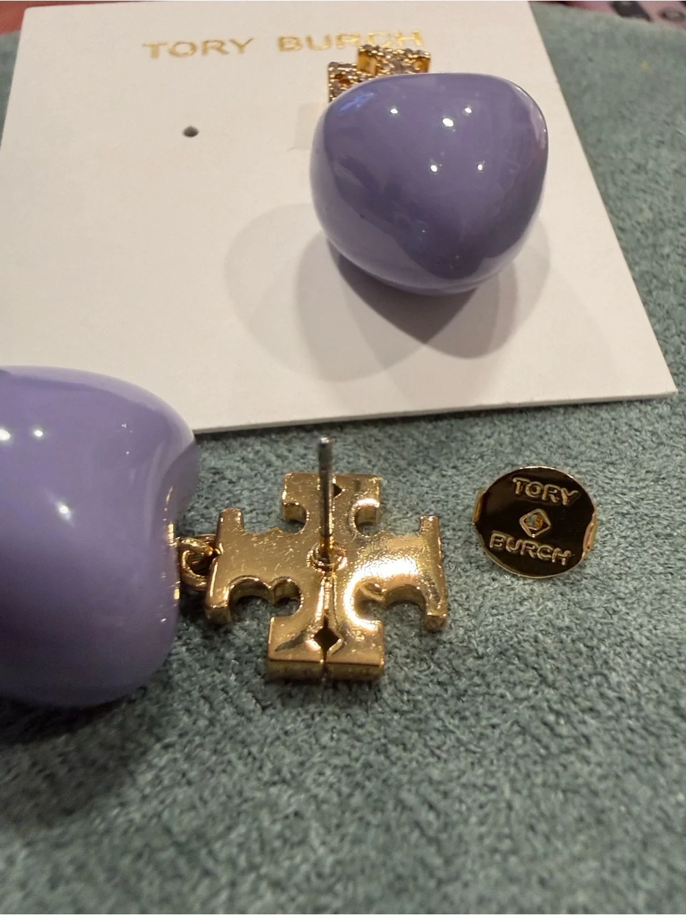 Tory Burch | Gold Plated & Crystal Logo with Lilac Heart Drop Earrings - Picture 4 of 4
